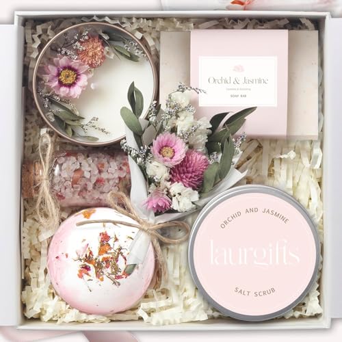 Birthday Gifts for Women ? Luxury Candle Set & Bath Sets Spa Basket, Small Orchid & Jasmine Self Care Box, Gift Basket for Mom, Wife or Friend