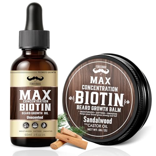 4X Concentration Biotin Beard Kit for Men ? Unscented Oil & Sandalwood Balm Set (2 Pack) ? Moisturizes, Softens & Promotes Growth ? Premium Beard Grooming Gift for Father¡¯s Day or Him