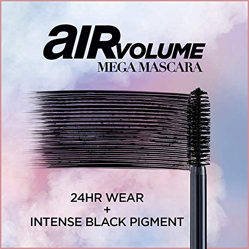 L'Oreal Paris Makeup Air Volume Mega Mascara, Lightweight & Long-lasting Volumizing Mascara for Voluminous Eyelashes, Waterproof Blackest Black, 0.3 Fl Oz
