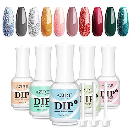 AZUREBEAUTY 10 Colors Dip Powder Starter Kit Red Green Dipping Powder System Essential Kit with 5pcs Dip Powder Gel Liquid Set, including Bond,Activator,Base,Top,Brush Saver 0.5oz