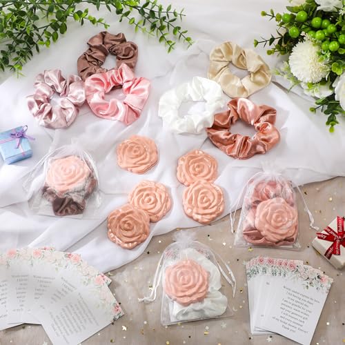 XunYee 30 Sets Rose Compact Mirror Bulk Bridal Shower Favors for Guests Souvenir Gifts Hair Ties Elastic Scrunchies, Thank You Card and Organza Bags for Wedding Valentines Quinceanera(Pink)