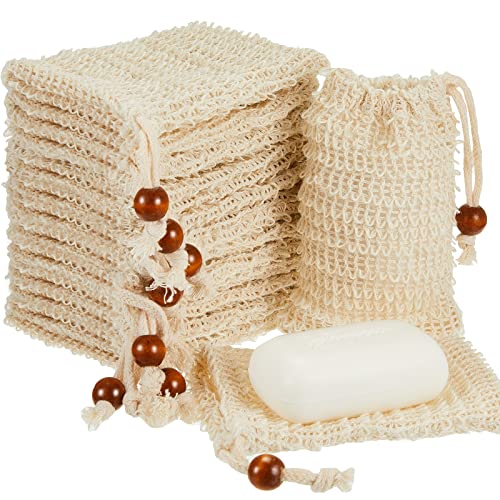 Cunhill 80 Pack Soap Saver Bag Exfoliating Soap Pouch with Drawstring Bar Wooden Bead Foaming and Drying Exfoliating Net for Bath and Shower (3.5x5.5 Inch)