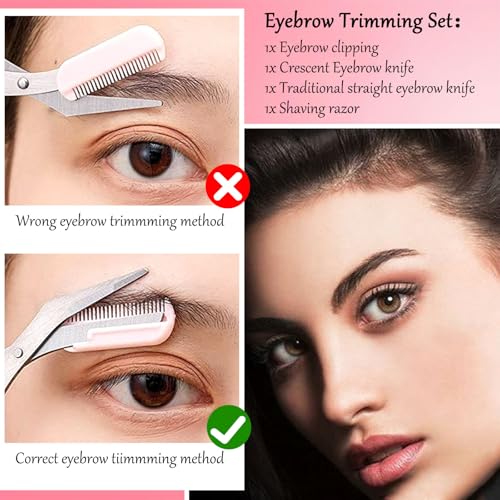 4PCS Eyebrow Trimmer Set, Eyebrow Trimmer Scissors with Comb, Curved Eye Brow Razor, Long Eyebrow Knife, Protable Razor, Waterproof Stainless Steel Facial Body Hair Removal Grooming