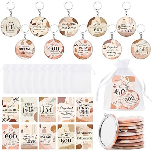 Y1tvei Christian Gifts Mirror Keychains Bulk - 120Pcs Boho Bible Verse Mini Compact Mirrors Inspirational Cards Small Round Portable Pocket Makeup Mirrors for Purse Prayer Church Party Favors Birthday