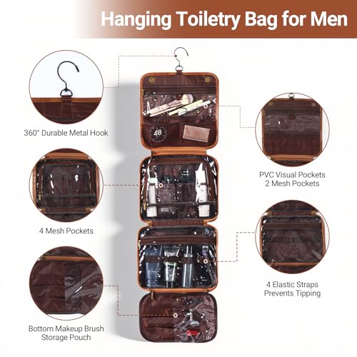 OXYEFEI Personalized Hanging Travel Toiletry Bag Gift for Men,Engraved Initial PU Leather Mens Large Toiletry Travel Essential Organizer Dopp Kit Shaving Bag for Him Birthday (A, Light Brown)