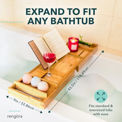 Expandable Bamboo Bath Tray for Tub ? 43" Wooden Bathtub Caddy with Shelf ? Spa Bathroom Decor & Accessories for Women ? Bathtub Tray for Relaxation & Storage