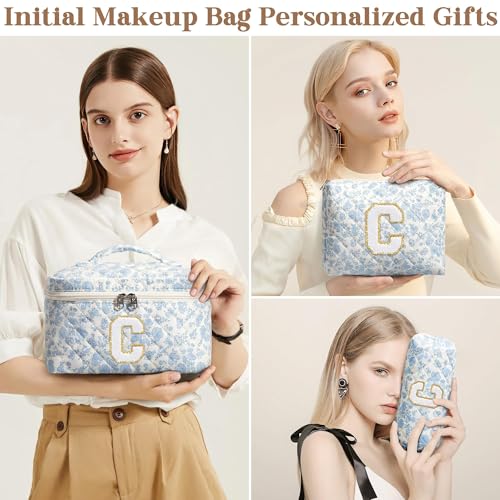 Birthday Gifts for Teen Girl Women, Personalized Initial Makeup Bag Quilted Cosmetic Bag Make Up Bags Travel Toiletry Bags Teen Girl Gifts Trendy Stuff Mothers Day Gift for Wife Mom Daughter Friends