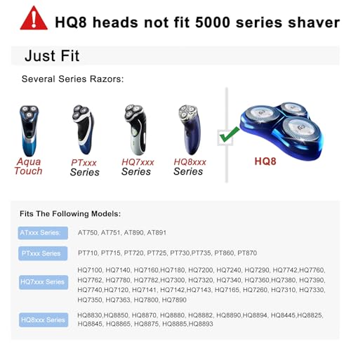HQ8 Replacement Heads Compatible with Philips Norelco Aquatec Shavers, Blades for Philips Norelco PT720 AT880 AT810 Razor, 6-pc Pack