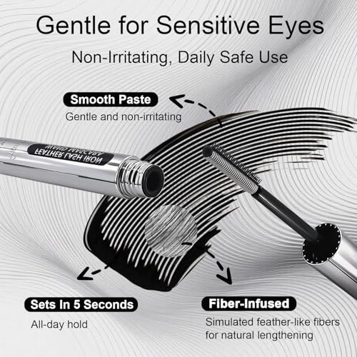 Feather Lash Iron Wand Mascara, Dual-Wing Brush, Metal Wand & Precision Comb, Fiber-Infused 3D Curling Volume & Length, Waterproof, Clump-Free & Smudge-Proof, for All Lash Types (Black)
