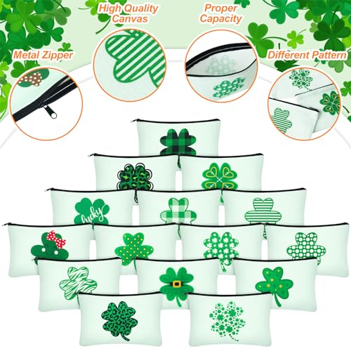 Sweetude 30 Pieces St. Patrick's Day Makeup Bags Bulk,Shamrock Cosmetic Bag with Zipper, St. Patrick's Day Pouch Travel Purse Toiletry Organizer for Women, 15 Styles