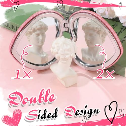 10 Pcs Red and Pink Heart Shaped Compact Mirror 1x/2x Magnifying Double-Sided Pocket Mirror for Purse, Cute Glitter Travel Makeup Mirrors Valentine's Day Gifts for Her, Travel Essentials