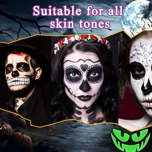 Black White Face & Body Paint Set,Professional Oil Based Face Painting Kit with 2 Brushes,Halloween SFX Makeup Palette Kit for Skull Costume Party Skeleton Cosplay Clown Art Theater