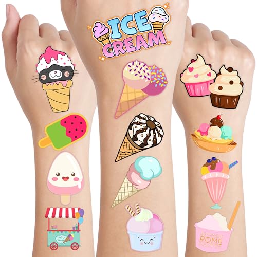 96PCS Ice Cream Pre-Cut Temporary Tattoos for Kids - Summer Birthday Party Supplies, Fun Tattoos for Boys & Girls, Party Favors, Classroom Prizes, Themed Gifts