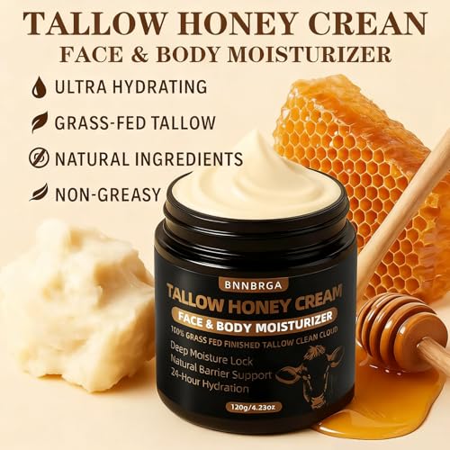 Organic Grass-Fed Beef Tallow for Skin ? Moisturizing Cream with Raw Honey, Handmade All-Natural, for Soft Smooth Skin £¨4 Oz £©