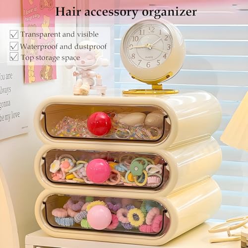3-Tier Drawer Makeup Organizer for Vanity Small Desk - Non-Stackable Clear Front Cosmetic Storage Holder for Bathroom Counter & Office Desktop -7.9x7.5x7.3in (Cream White)