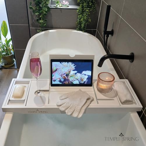 Temple Spring Wooden Bathtub Tray, Bamboo Bathroom Accessories, Bath Tray for Tub, at Home Spa Essentials, Board for Tub Table, Bath Caddy for Bathtub Accessories & Bathroom Essentials ? White