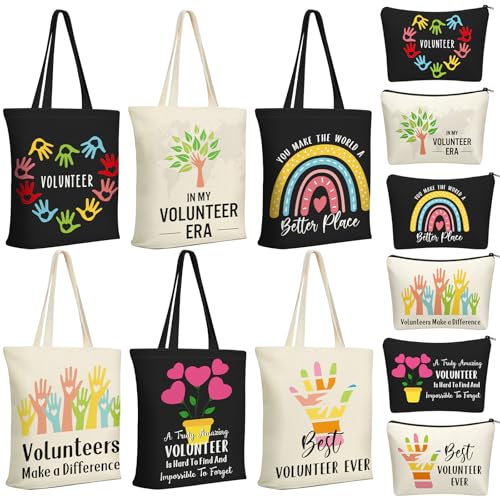 Yaomiao 12 Pcs Volunteer Appreciation Gifts Bulk for Women Volunteer Tote and Cosmetic Bags Set Funny Canvas Reusable Grocery Bag with Zipper Makeup Bag for Holiday Thank You Gifts, Church, Group