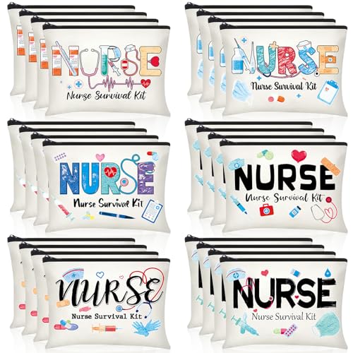 Capoda 24 Pieces Nurse Makeup Bags Nurse Canvas Cosmetic Bag Nurse Survival Kit Travel Pouch Bag Nursing Zipper Pouch Nurse Gift for Women Men Nurse Practitioner Supplies