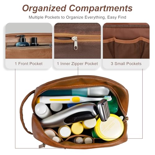 Travel Toiletry Bag for Men and Women, Travel Shaving Dopp Kit Water-resistant Bathroom Toiletries Organizer PU Leather Cosmetic Bags (Dark Brown)