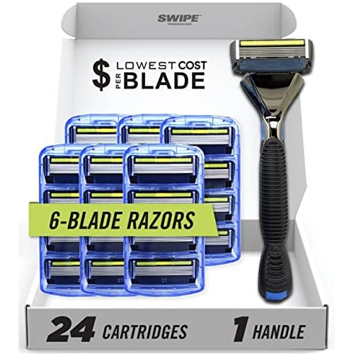 SWIPE Premium Men's 6-Blade Razor Kit (Flex Head Handle + 24 Refills) (No Trimmer)
