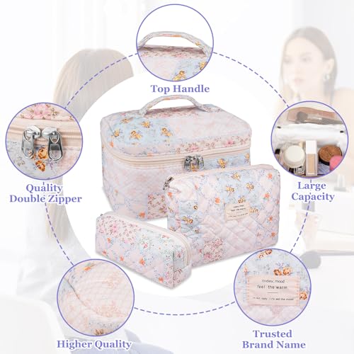 Makeup Bag Set, Quilted Makeup Bag, Large Floral Cosmetic Bag for Women, Cute Cotton Makeup Bags, Flower Travel Toiletry Organizer Bag (Folk Style)