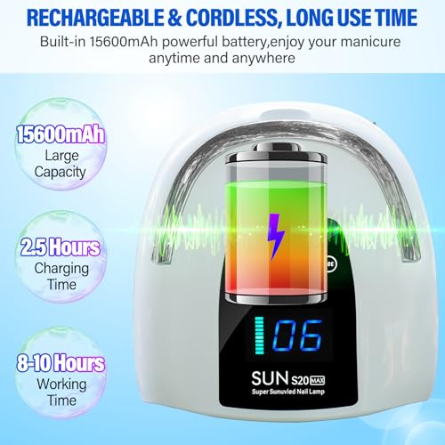 UV LED Nail Lamp Dryers Cordless 128W Portable Rechargeable UV Light for Gel Nails Polish Kit,Fast Curing Wireless Builder Gel Lamp with Sensor 3 Timer LCD Display 48 LED,Manicure Pedicure Art Tools