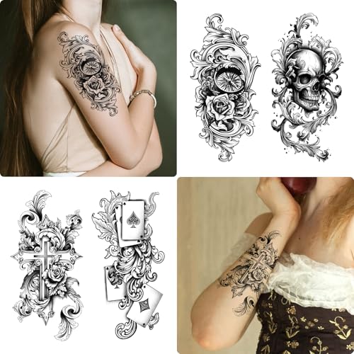 Temporary Tattoos for Adults, 47 Sheets Baroque Religious Flower Skull Designs Fake Tattoos, 17 Half Arm tat and 30 Small temp Tattoos