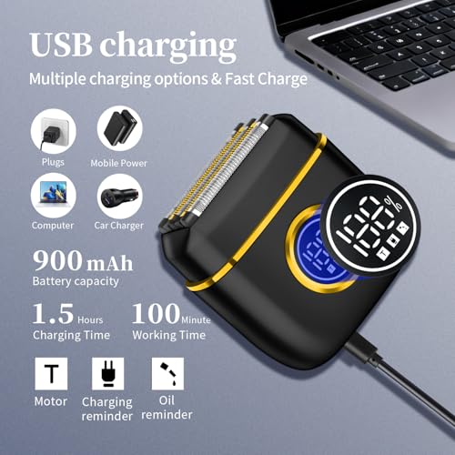 HIENA PRO Men's Electric Foil Shaver - USB-C Rechargeable, IPX7 Waterproof, Pocket-Sized with LED Display for Travel & Home (Black Gold)
