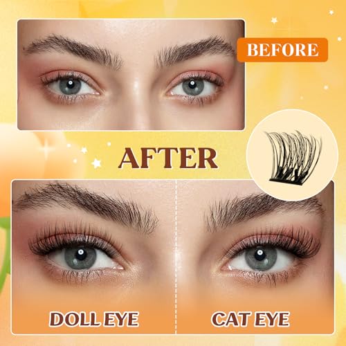 QUEWEL Self Adhesive Lash Clusters Kit, Pre Glued Eyelashes Clusters, 10-16MM Strong Hold Self Adhesive Eyelashes,D Curl Press On Lashes No Glue Needed DIY Lash Extensions Kit at Home(MJ03)