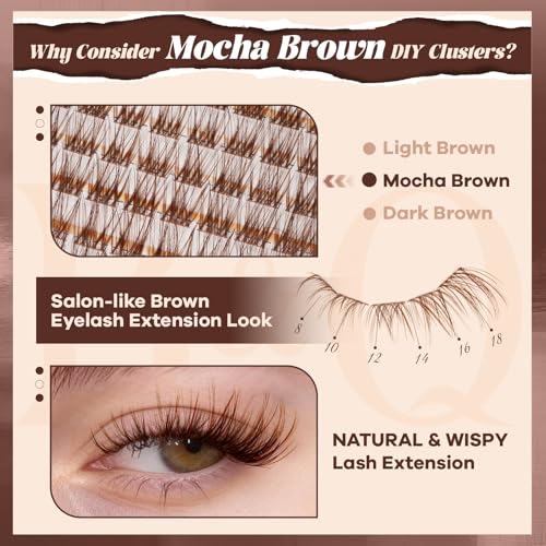 B&Q Brown Lash Clusters Kit Natural Mochalash Clusters 01, Brown Eyelash Clusters Kit C-Curl Cluster Eyelash Extensions 8-16mm Wispy Lash Eyelashes Kit for Fair/Dark Hair(Mochalash 01 Set)