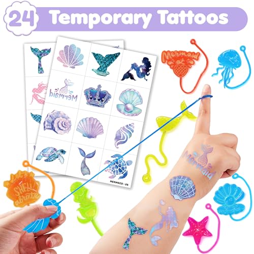 48PCS Mermaid Party Favors - 24PCS Temporary Tattoos & 24PCS Stick Hands - Perfect Birthday Party Supplies, Goodie Bag Stuffers, Treasure Box Toys, Classroom Prizes, and Student Gifts