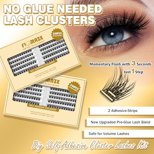 Self Adhesive Eyelashes, 240 PCS Self Adhesive Eyelash Clusters, No Glue Needed, Dual-row Glue Strips 8-16mm Mixed Individual Lash Extension Super Sticky False Lashes