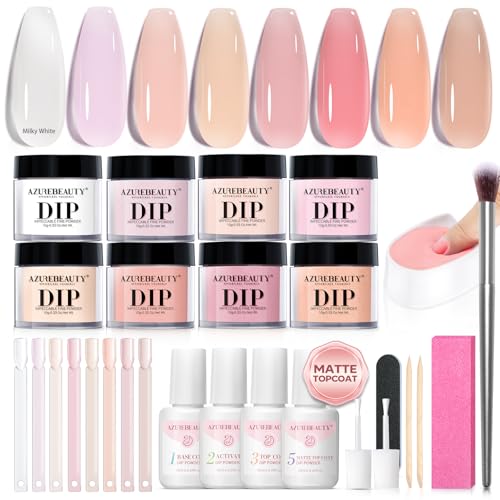 AZUREBEAUTY Dip Powder Nail Kit, Jelly Translucent Milky White Sheer Pink Nude Neutral Clear 8 Colors, Dipping Powder Liquid Set Added Matte Top Coat with Nail Sticks French Nail Art Manicure Salon