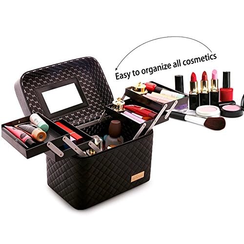 Sooyee Makeup Bag Cosmetic Bags with Mirror, Makeup Organizer 4 Layer Foldable Tray Open to The Sides,Makeup Travel Bag for Women,Makeup Box Train Case,Black
