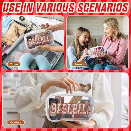 6 Pcs Baseball Clear Cosmetic Makeup Bag with Chenille Letter Patch Sport Goodie Clear PVC Pouch Organizer Waterproof Travel Toiletry Bags for Sports Theme Birthday Party Supplies
