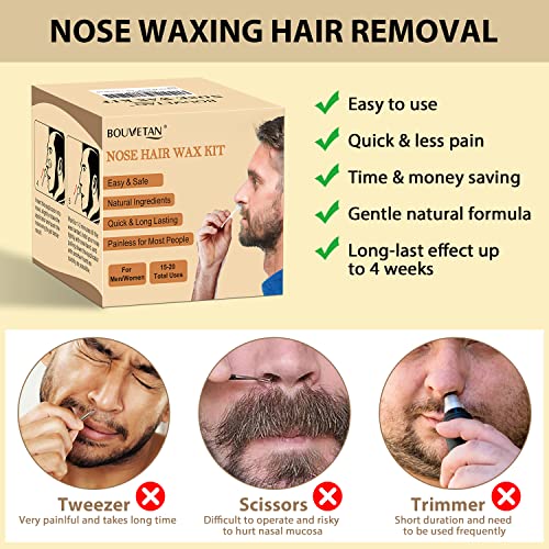 Nose Wax Kit Men Women, Bouvetan Nose Hair Waxing Kit with 100g Nose Hair Wax Beads (15-20 USES), 20 Applicator, 15 Mustache Protector, 10 Paper Cups, 1 Measuring Cup - Easy and Quick, Instant