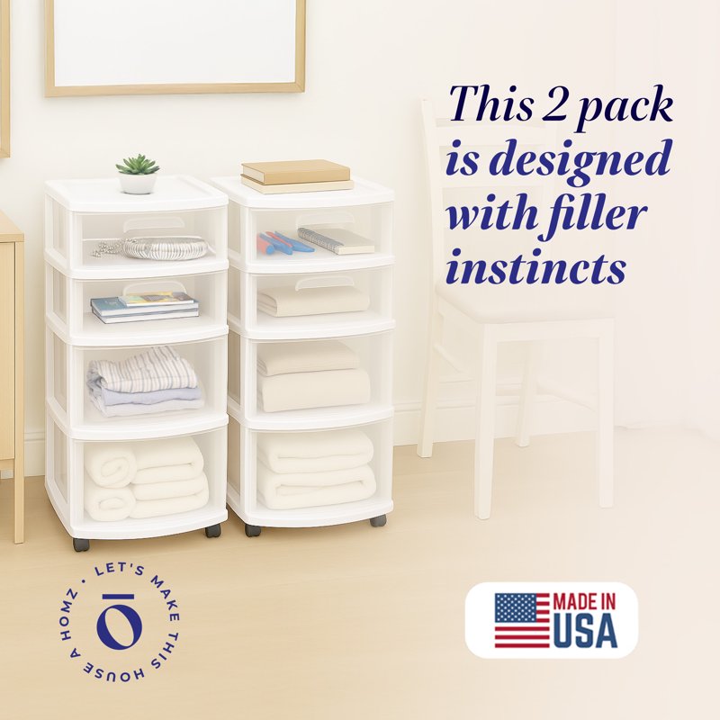 4-Drawer Clear Plastic Storage Tower with Wheels - Home Organization