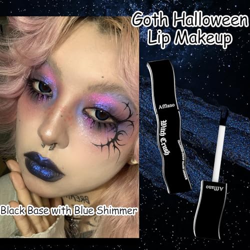 Blue Goth Lip Gloss, Matte Black Base Glitter Blue Lipstick, High Coverage Long Last Waterproof Metallic Dark Blue Lip Stain for Women, Non-Sticky Lipstick for Daily, Party, Halloween Witch, Vegan #07
