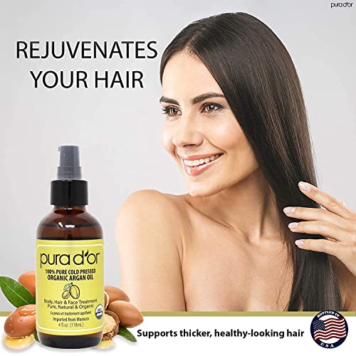 PURA D'OR Anti-Thinning Advanced Therapy Biotin Shampoo & Conditioner Hair Care Set & Organic Moroccan Argan Oil (4oz / 118mL) USDA Certified 100%