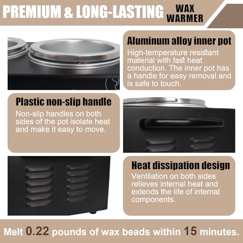 Wax Warmer Double Pot, Professional Electric Heater for Facial, Body, Spa, and Salon, 1.2L Dual Adjustable Temperature with 100 Wooden Craft Sticks, Hair Removal (Black)