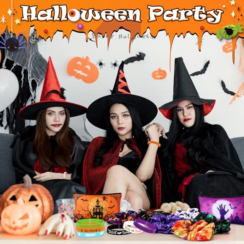 Capoda 86 Pcs Halloween Party Set Horror Gifts Bulk Include 12 Makeup Bags 12 Silicone Bracelets 12 Hair Scrunchies 50 Stickers for Women Classroom Office Birthday Party Supplies
