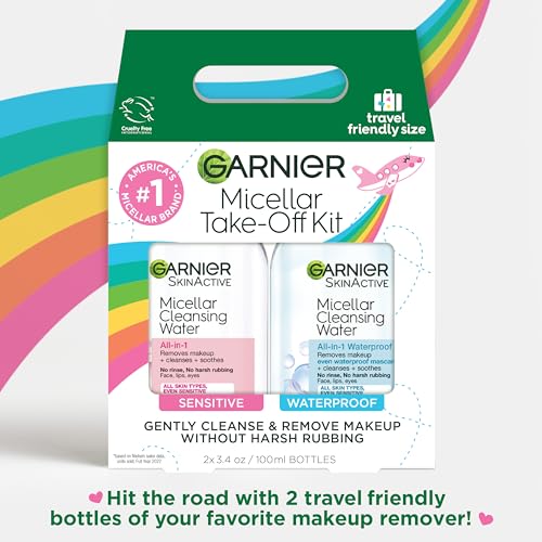 Garnier Micellar Water Travel Size Take-off Kit, All-In-1 Facial Cleanser & Makeup Remover, Mini All-In-1 Micellar + Mini Remover for Waterproof Makeup (Pack of 2)