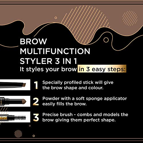 Eveline Cosmetics Brow Styler 3-in-1 Durable Multifunctional Eyebrow Pen | Medium Brown Eyebrow Make Up | Precision Brush | Natural Effect | Powder with Applicator