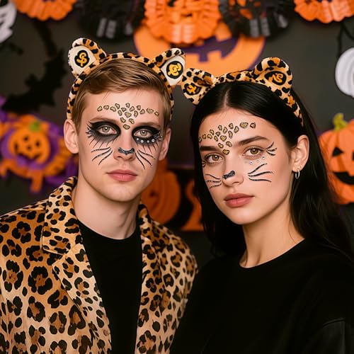 Glitter Leopard Face Jewels Halloween Temporary Tattoo Stickers Animals Face Gems Jewels Self-Adhesive Halloween Dress Up Sticker for Festival Holiday Party Accessories 2PCS