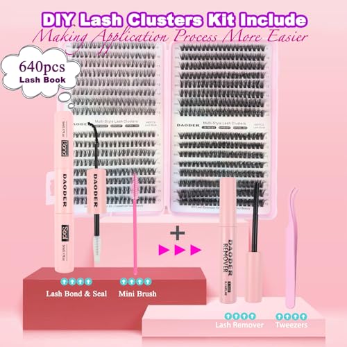 DAODER Wispy Lash Extension Kit 640Pcs Cluster Lashes Natural Look, Short Lash Clusters Kit 9-13mm 30D 40D 50D 60D D Curl Individual Lashes Kit with Lash Bond Seal Remover(30D+40D+50D+60D Kit 9-13mm)