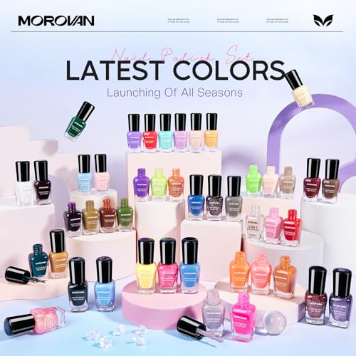 Morovan Nail Polish Set Fingernail: 2026 Spring Summer Gift 45PC Nail Polish Kit with 2-in-1 Base Top Coat Bright Air Quick Dry Glitter Regular Pack Finger Nail Art DIY Home for Women Girls 0.27 FIoz