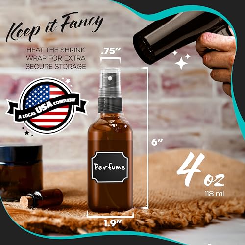 Nevlers Amber Glass Spray Bottles 4 Oz 24 Pack | Small Spray Bottle 4 Oz Set w/Shrink Wrap, Funnel, Labels, Brush & Marker | Spritzer Bottles for Hair, Face & More | Glass Bottle Sprayer for Travel