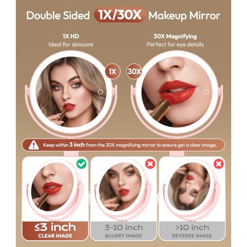 Lighted Makeup Mirror with Lights and Magnification 30X/1X, Height Adjustable 30X Magnifying Vanity Mirror with 4000mAh Battery & 3 Colors Dimming Light for Desktop Bathroom Bedroom (Pink)