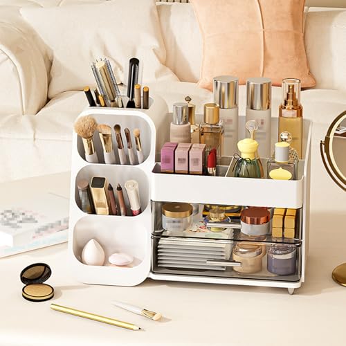 Makeup Organizer with Drawer, Skincare Products Perfume Desk Storage Box, Beauty Holder Rack for Lipstick Brush Eyeliner, Cosmetic Display Case for Dresser Countertop & Bathroom Vanity (White)