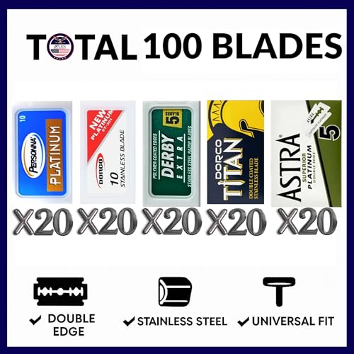 Double Edge Safety Razor Blades Sampler Pack for Men (ABS-03, 100)